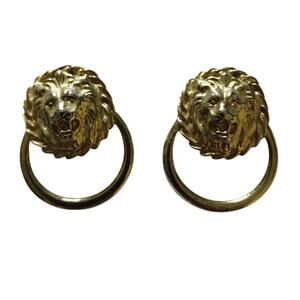 Vintage Lion Head Door-Knocker Fashion Clip-On Statement Accessory Gold Tone
